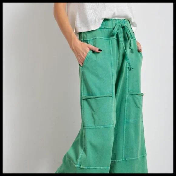 EASEL "Perfect Cargo" Terry Knit Mineral Washed Flared Leg Pants Raw Seams, Hems - Picture 9 of 15